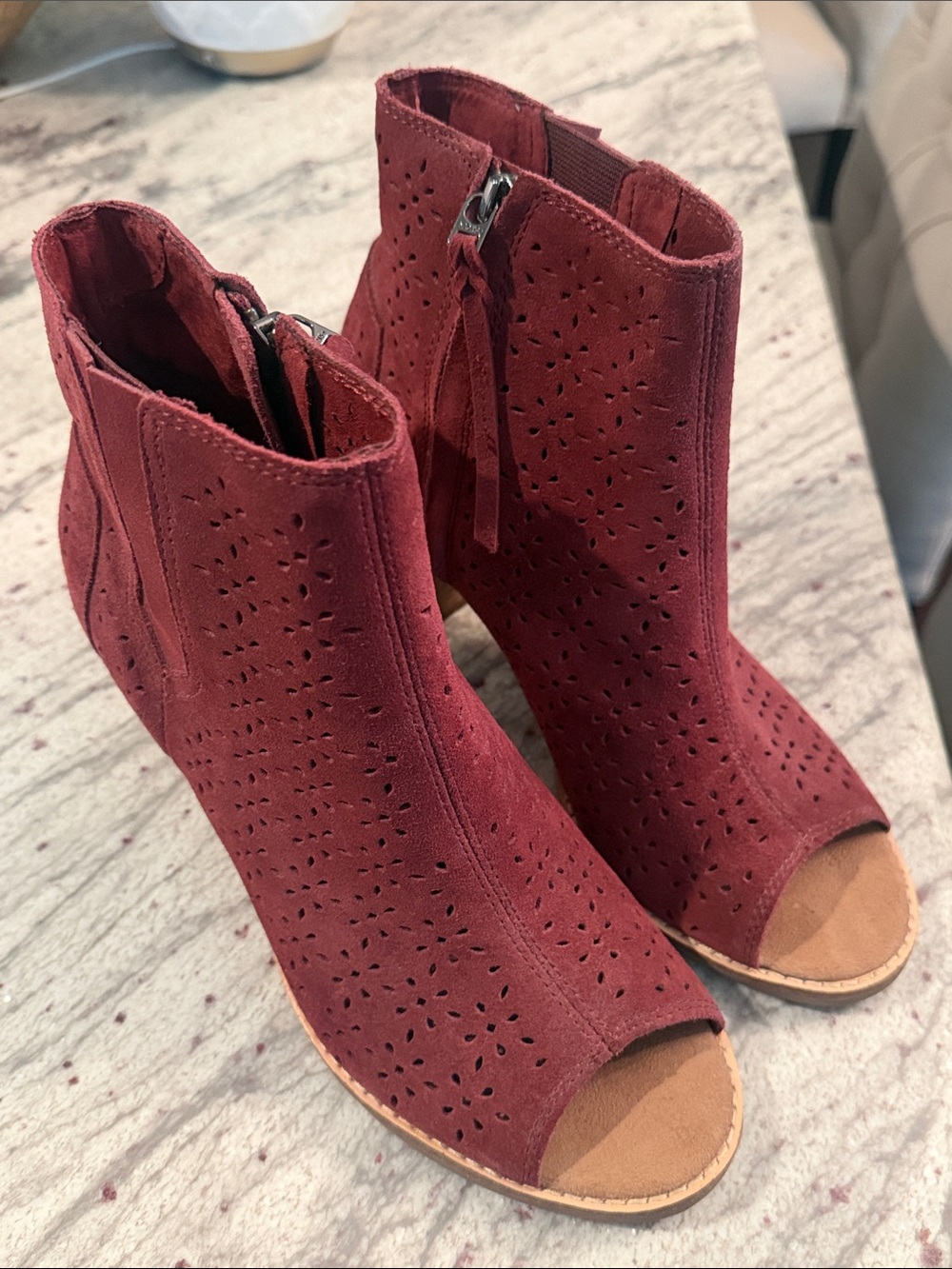 Toms Burgundy Perforated Suede Open-Toe Ankle Booties Size 9